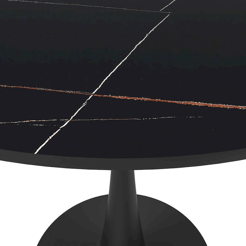 Bristol 32 Round Minimalist Dining Table for 4, Sintered Stone Top & Black Iron Pedestal Base for Kitchen & Dining Room