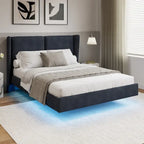Queen Velvet Floating Platform Bed with LED Lights & 6 Storage