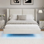 Queen Velvet Floating Platform Bed with LED Lights & 6 Storage