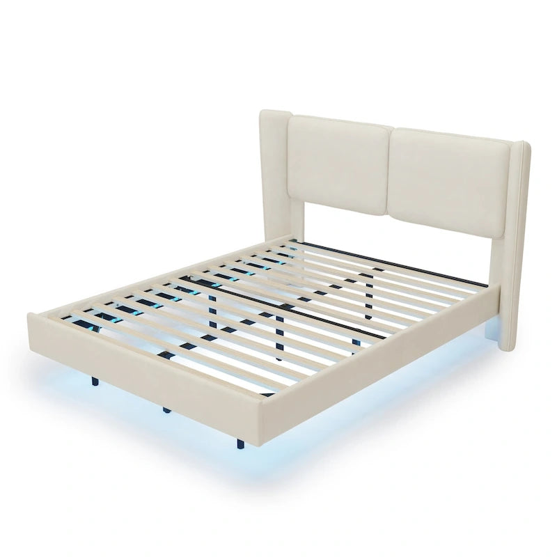 Queen Velvet Floating Platform Bed with LED Lights & 6 Storage