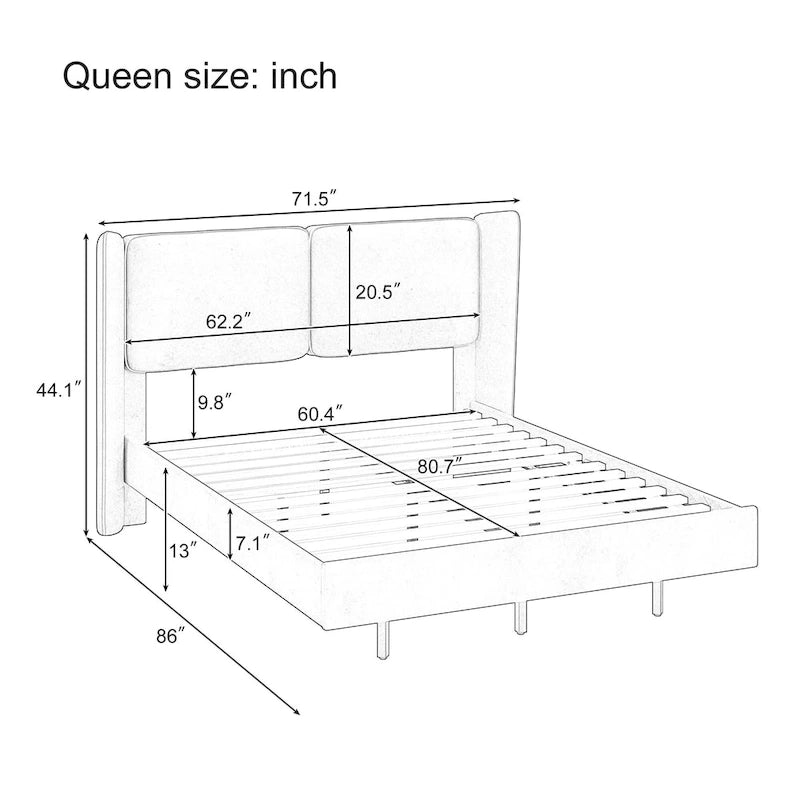 Queen Velvet Floating Platform Bed with LED Lights & 6 Storage
