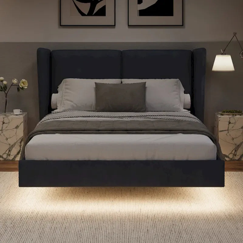 Queen Velvet Floating Platform Bed with LED Lights & 6 Storage