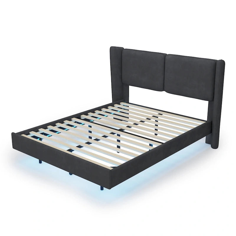 Queen Velvet Floating Platform Bed with LED Lights & 6 Storage