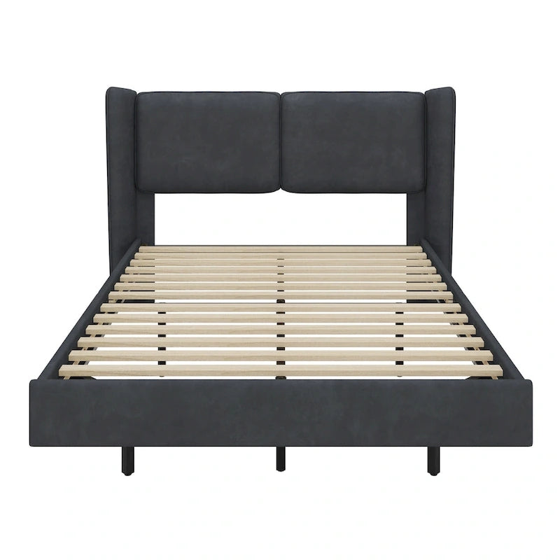 Queen Velvet Floating Platform Bed with LED Lights & 6 Storage