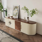 78.74 Mid-Century TV Stands, Brown Solid Wood Veneer, Media Console With 5 Cabinets,3 Drawers, Beige,Fully Assembled - 78.74