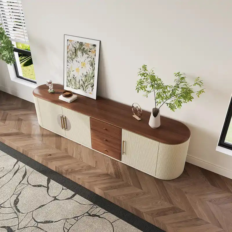 78.74 Mid-Century TV Stands, Brown Solid Wood Veneer, Media Console With 5 Cabinets,3 Drawers, Beige,Fully Assembled - 78.74