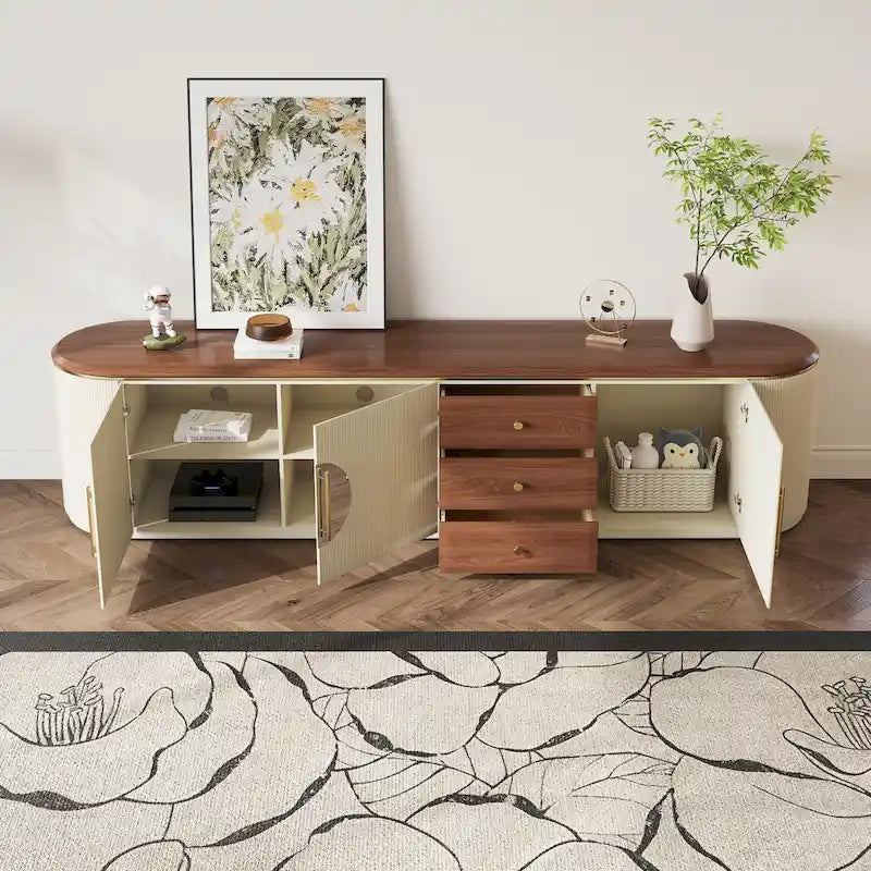 78.74 Mid-Century TV Stands, Brown Solid Wood Veneer, Media Console With 5 Cabinets,3 Drawers, Beige,Fully Assembled - 78.74