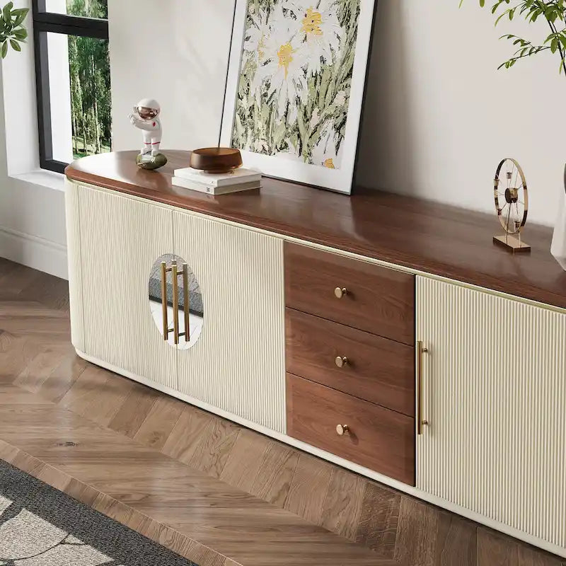 78.74 Mid-Century TV Stands, Brown Solid Wood Veneer, Media Console With 5 Cabinets,3 Drawers, Beige,Fully Assembled - 78.74