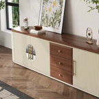 78.74 Mid-Century TV Stands, Brown Solid Wood Veneer, Media Console With 5 Cabinets,3 Drawers, Beige,Fully Assembled - 78.74