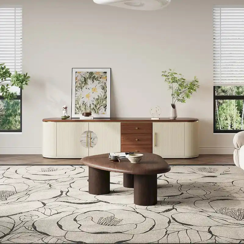 78.74 Mid-Century TV Stands, Brown Solid Wood Veneer, Media Console With 5 Cabinets,3 Drawers, Beige,Fully Assembled - 78.74