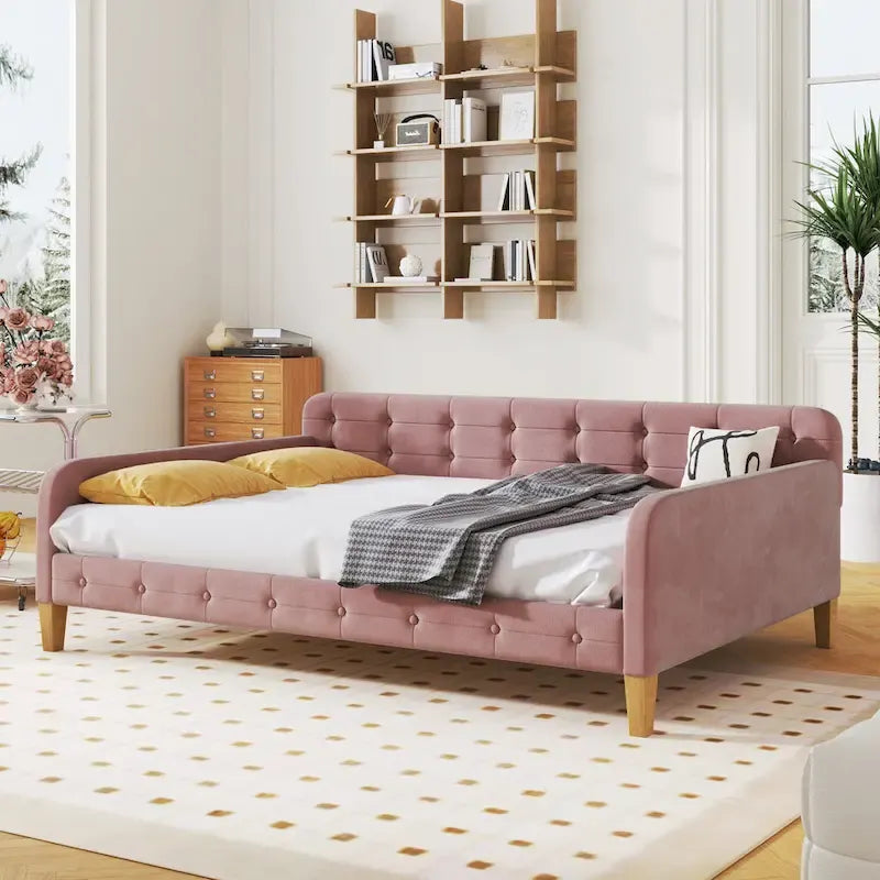 Upholstered Daybed w4 Support Legs, Button Tufting Loveseat Sofa Bed