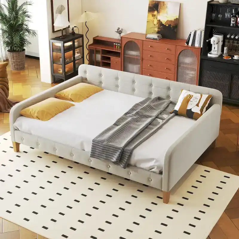 Upholstered Daybed w4 Support Legs, Button Tufting Loveseat Sofa Bed