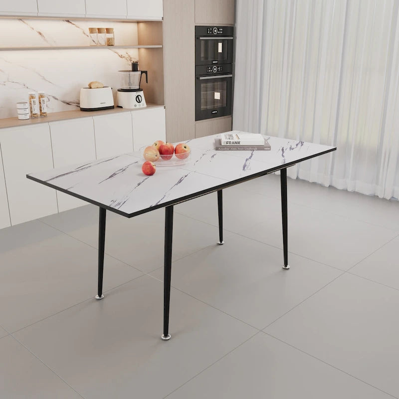 Modern Minimalist Dining Table with Extendable Marble Patterned Matte Legs for Kitchen Living Room or Gatherings