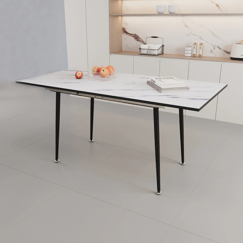 Modern Minimalist Dining Table with Extendable Marble Patterned Matte Legs for Kitchen Living Room or Gatherings