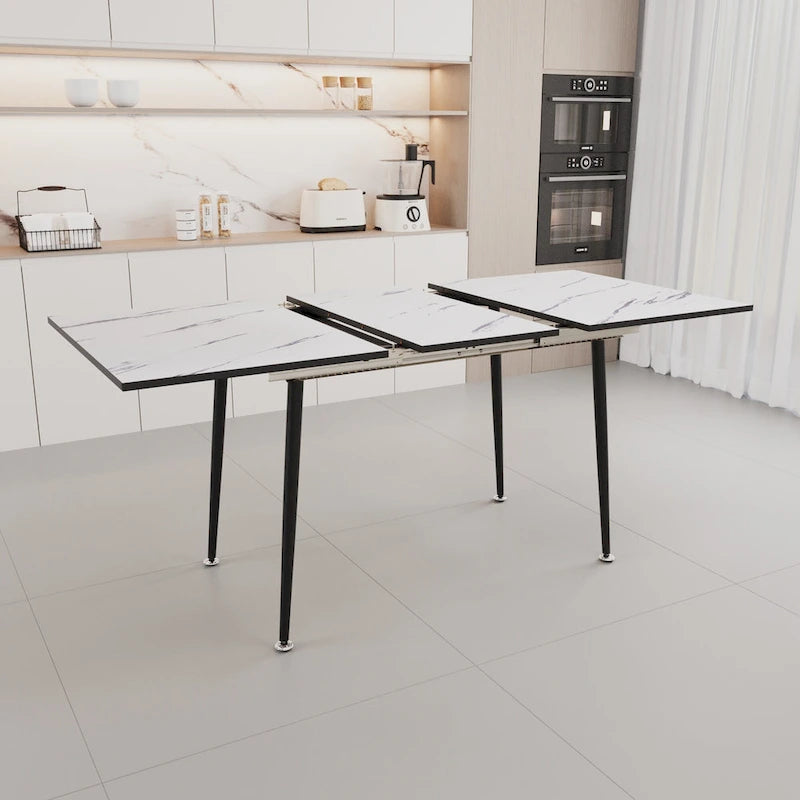 Modern Minimalist Dining Table with Extendable Marble Patterned Matte Legs for Kitchen Living Room or Gatherings