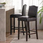 Modern Set of 2 Bar Stools with Leather Cushioned Backrests, Nailhead Trim, Solid Wood Legs for Dining Room Living Room Bar