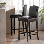 Modern Set of 2 Bar Stools with Leather Cushioned Backrests, Nailhead Trim, Solid Wood Legs for Dining Room Living Room Bar