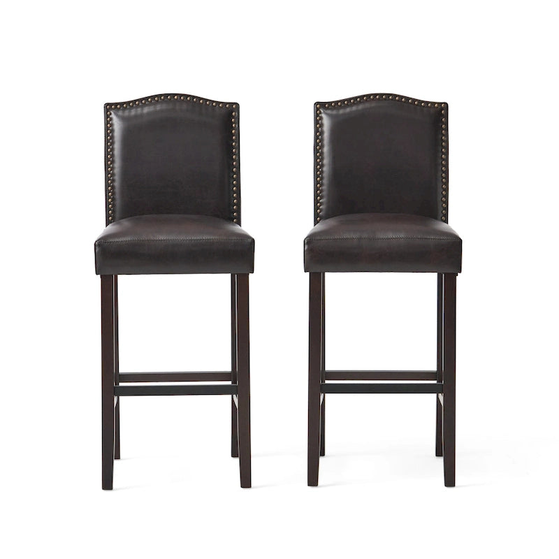 Modern Set of 2 Bar Stools with Leather Cushioned Backrests, Nailhead Trim, Solid Wood Legs for Dining Room Living Room Bar
