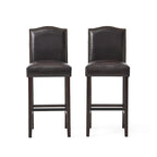 Modern Set of 2 Bar Stools with Leather Cushioned Backrests, Nailhead Trim, Solid Wood Legs for Dining Room Living Room Bar