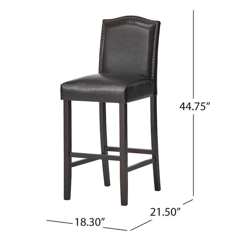 Modern Set of 2 Bar Stools with Leather Cushioned Backrests, Nailhead Trim, Solid Wood Legs for Dining Room Living Room Bar