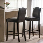 Modern Set of 2 Bar Stools with Leather Cushioned Backrests, Nailhead Trim, Solid Wood Legs for Dining Room Living Room Bar