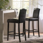 Modern Set of 2 Bar Stools with Leather Cushioned Backrests, Nailhead Trim, Solid Wood Legs for Dining Room Living Room Bar