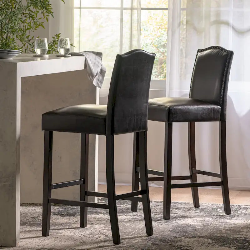 Modern Set of 2 Bar Stools with Leather Cushioned Backrests, Nailhead Trim, Solid Wood Legs for Dining Room Living Room Bar