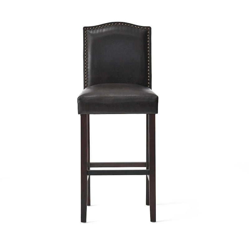 Modern Set of 2 Bar Stools with Leather Cushioned Backrests, Nailhead Trim, Solid Wood Legs for Dining Room Living Room Bar