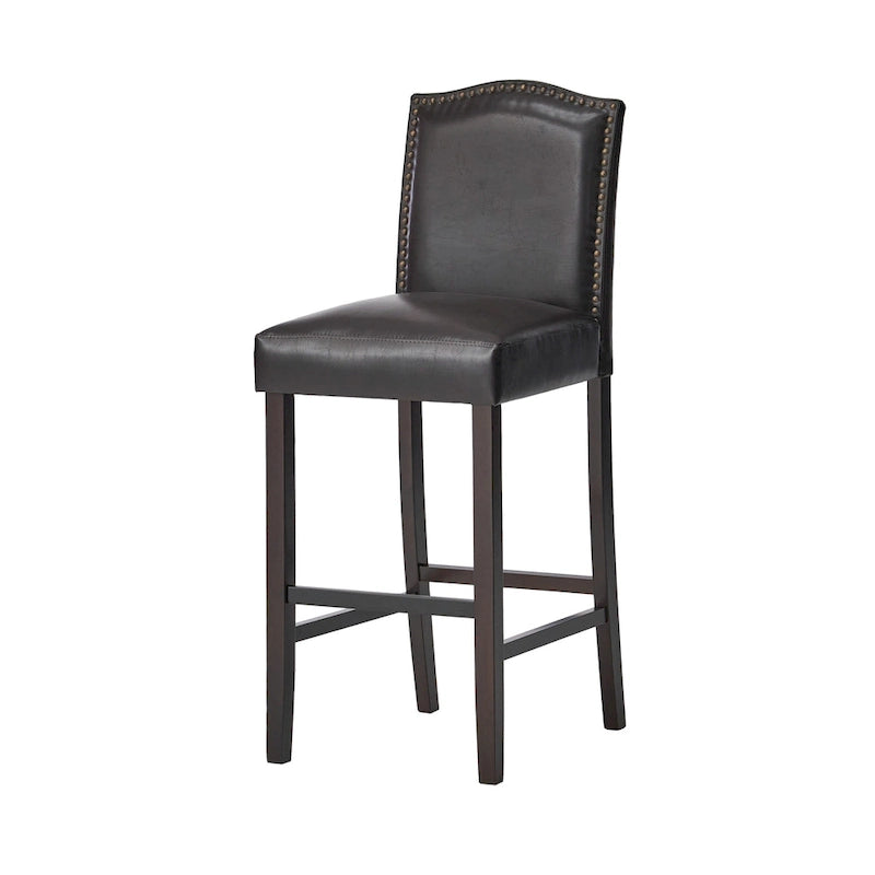 Modern Set of 2 Bar Stools with Leather Cushioned Backrests, Nailhead Trim, Solid Wood Legs for Dining Room Living Room Bar