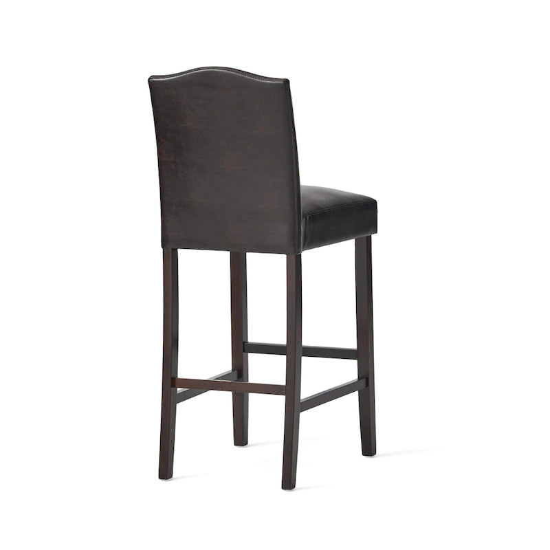 Modern Set of 2 Bar Stools with Leather Cushioned Backrests, Nailhead Trim, Solid Wood Legs for Dining Room Living Room Bar