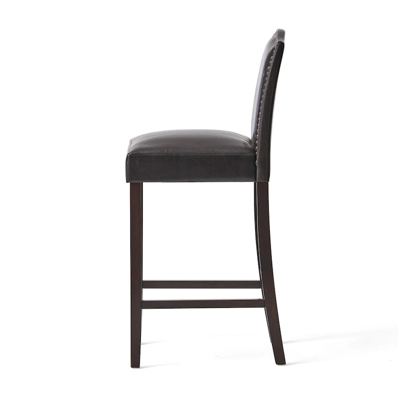 Modern Set of 2 Bar Stools with Leather Cushioned Backrests, Nailhead Trim, Solid Wood Legs for Dining Room Living Room Bar