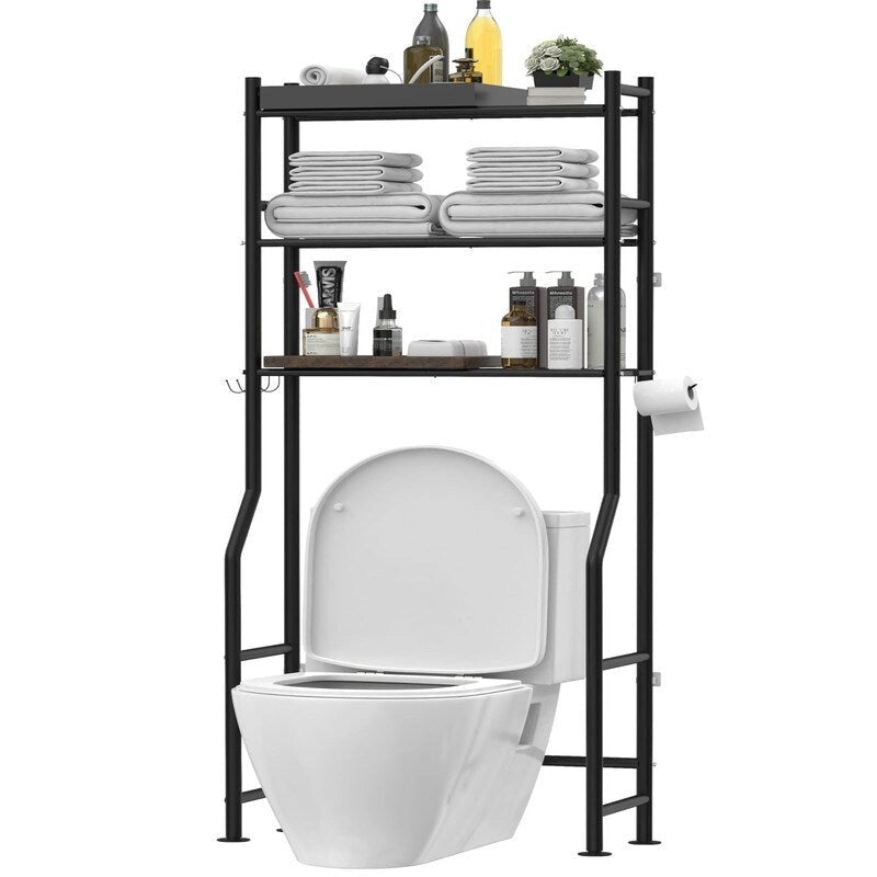 3-Tier Over The Toilet Storage, Freestanding Metal Bathroom Shelves with 4 Hooks, Over Toilet Storage Shelf with Paper Holder