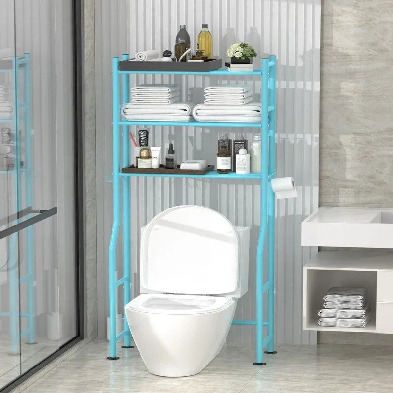3-Tier Over The Toilet Storage, Freestanding Metal Bathroom Shelves with 4 Hooks, Over Toilet Storage Shelf with Paper Holder