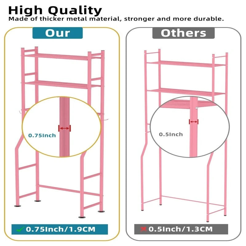 3-Tier Over The Toilet Storage, Freestanding Metal Bathroom Shelves with 4 Hooks, Over Toilet Storage Shelf with Paper Holder