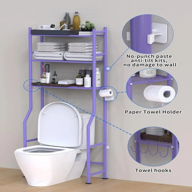 3-Tier Over The Toilet Storage, Freestanding Metal Bathroom Shelves with 4 Hooks, Over Toilet Storage Shelf with Paper Holder
