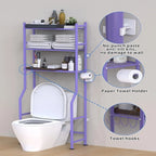 3-Tier Over The Toilet Storage, Freestanding Metal Bathroom Shelves with 4 Hooks, Over Toilet Storage Shelf with Paper Holder