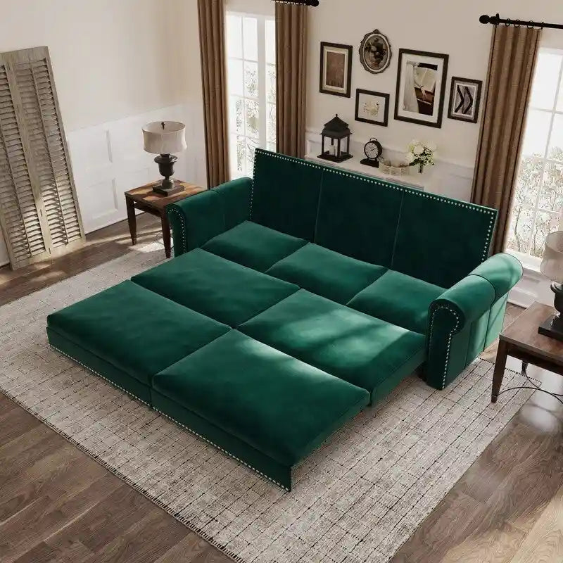 3-in-1 King Pull Out Sofa Bed Chesterfield Sofa, Velvet/Faux Leather Convertible Sleeper Sofa with Nailhead Trim & Rolled Arm