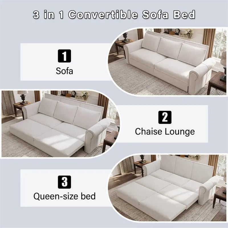 3-in-1 King Pull Out Sofa Bed Chesterfield Sofa, Velvet/Faux Leather Convertible Sleeper Sofa with Nailhead Trim & Rolled Arm