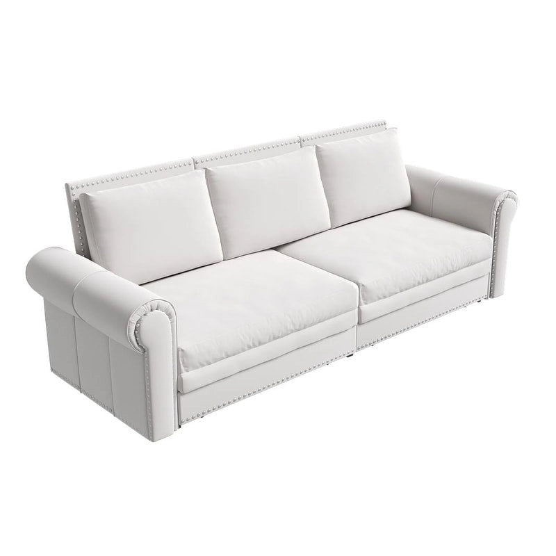 3-in-1 King Pull Out Sofa Bed Chesterfield Sofa, Velvet/Faux Leather Convertible Sleeper Sofa with Nailhead Trim & Rolled Arm