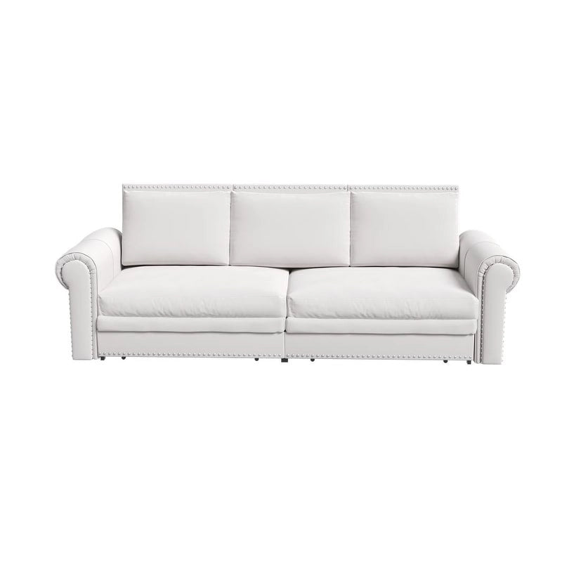 3-in-1 King Pull Out Sofa Bed Chesterfield Sofa, Velvet/Faux Leather Convertible Sleeper Sofa with Nailhead Trim & Rolled Arm