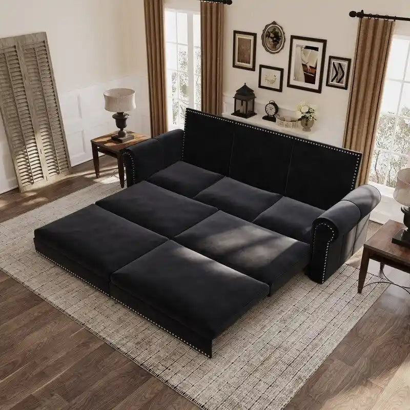 3-in-1 King Pull Out Sofa Bed Chesterfield Sofa, Velvet/Faux Leather Convertible Sleeper Sofa with Nailhead Trim & Rolled Arm