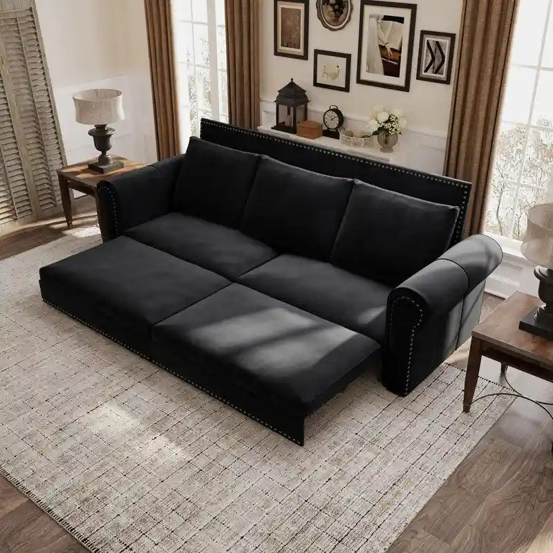 3-in-1 King Pull Out Sofa Bed Chesterfield Sofa, Velvet/Faux Leather Convertible Sleeper Sofa with Nailhead Trim & Rolled Arm