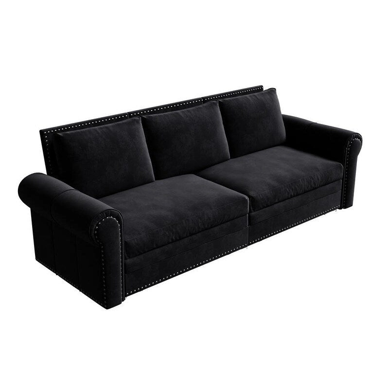 3-in-1 King Pull Out Sofa Bed Chesterfield Sofa, Velvet/Faux Leather Convertible Sleeper Sofa with Nailhead Trim & Rolled Arm