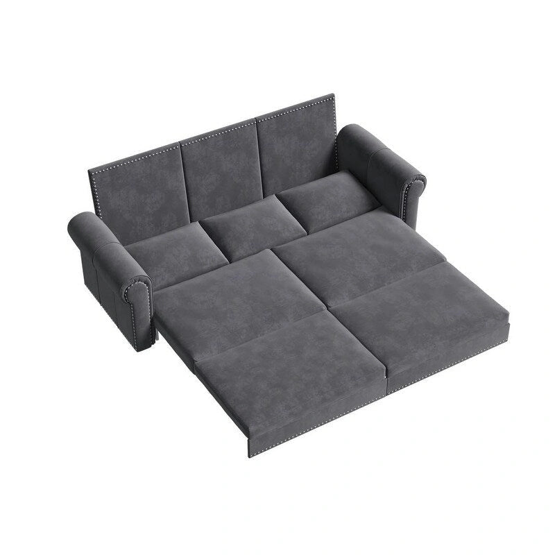3-in-1 King Pull Out Sofa Bed Chesterfield Sofa, Velvet/Faux Leather Convertible Sleeper Sofa with Nailhead Trim & Rolled Arm