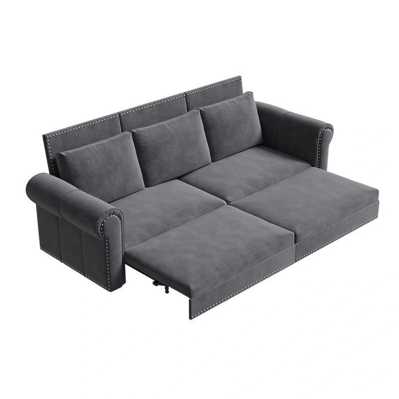 3-in-1 King Pull Out Sofa Bed Chesterfield Sofa, Velvet/Faux Leather Convertible Sleeper Sofa with Nailhead Trim & Rolled Arm