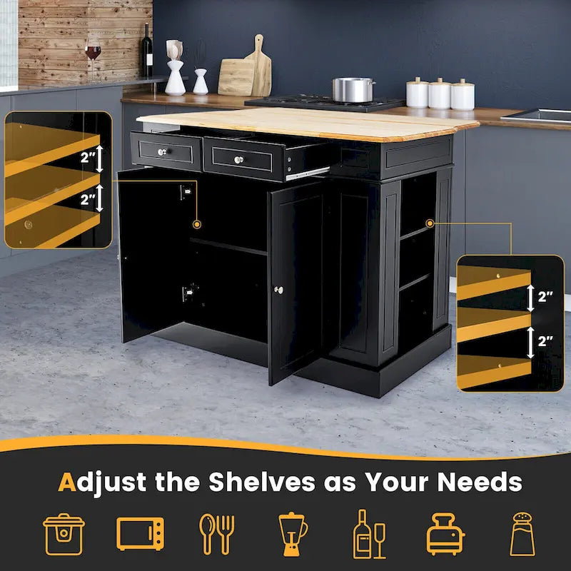 Gymax Large Kitchen Island Drop Leaf Breakfast Bar w/ Wood Top Shelves