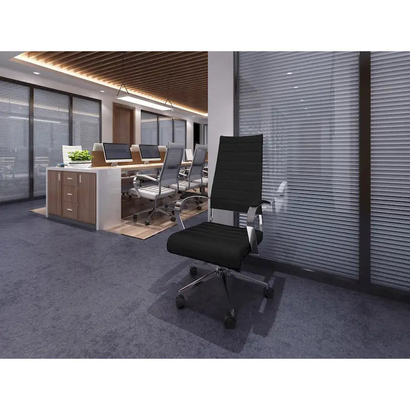 Modern High Back Office Chair Ribbed PU Leather Swivel Tilt Conference Room Computer Desk Cushion Seat Boss