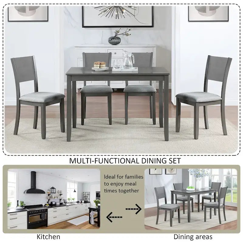 5 Pcs Kitchen Dining Table and Chair Set, Rectangular Wooden Dining Table with 4 Upholstered High Back Chairs and 1 Bench