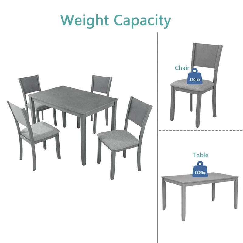 5 Pcs Kitchen Dining Table and Chair Set, Rectangular Wooden Dining Table with 4 Upholstered High Back Chairs and 1 Bench