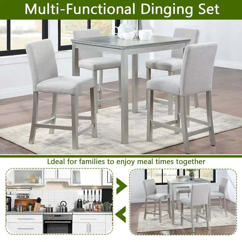 5 Pcs Counter Height Dining Table Set, Wooden Diningroom Furniture Set with Square Table and 4 Upholstered Chairs